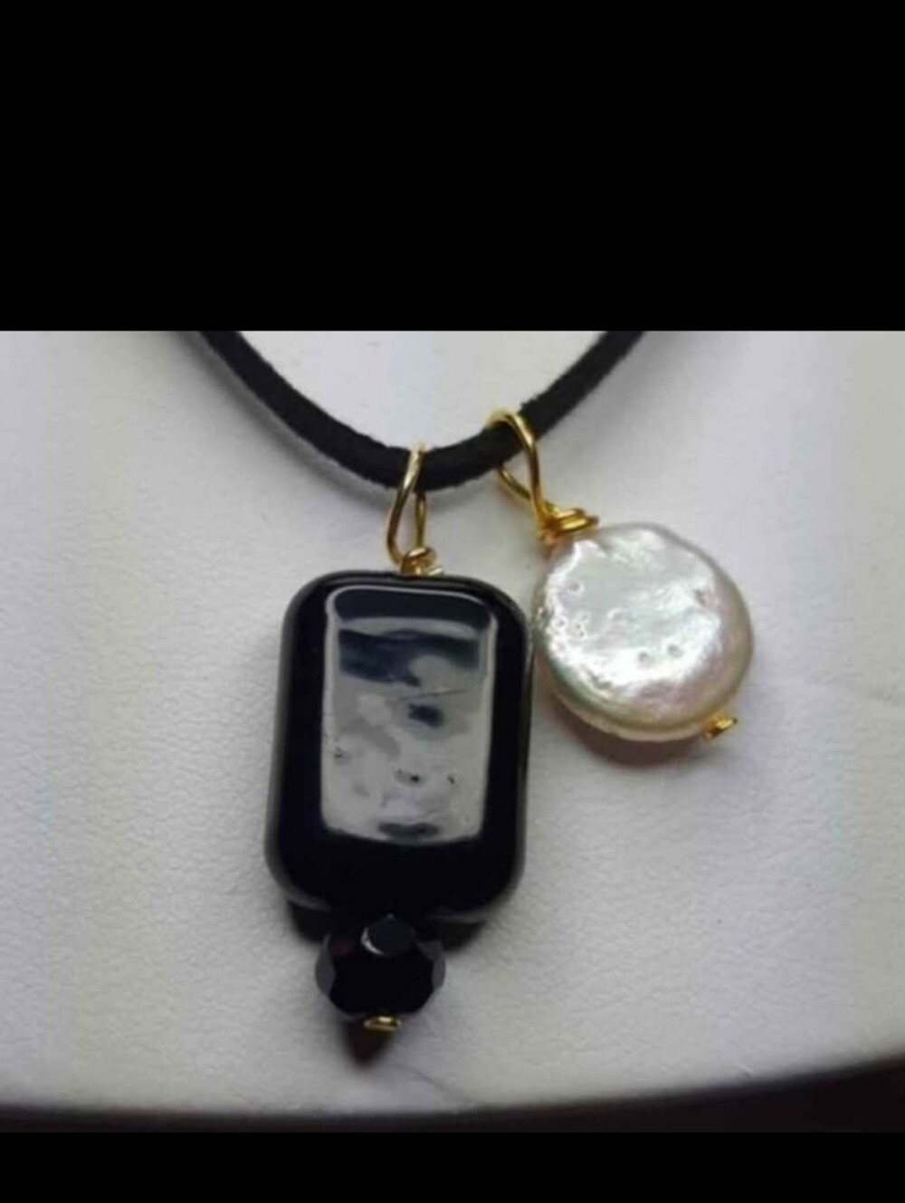 Black Glass and White Coin Pearl Pendant Necklace
